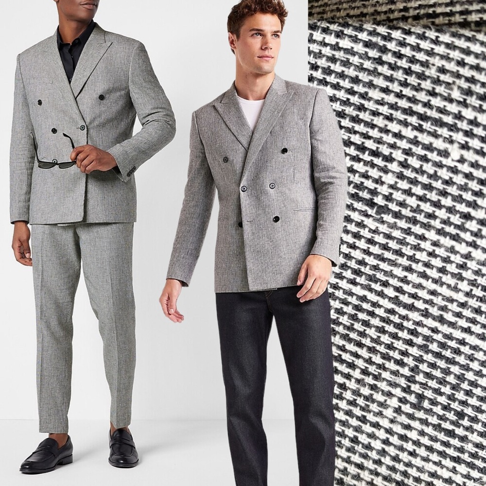Men's Slim Linen Double Breasted Blazer Sport Coat Black White Houndstooth 42R